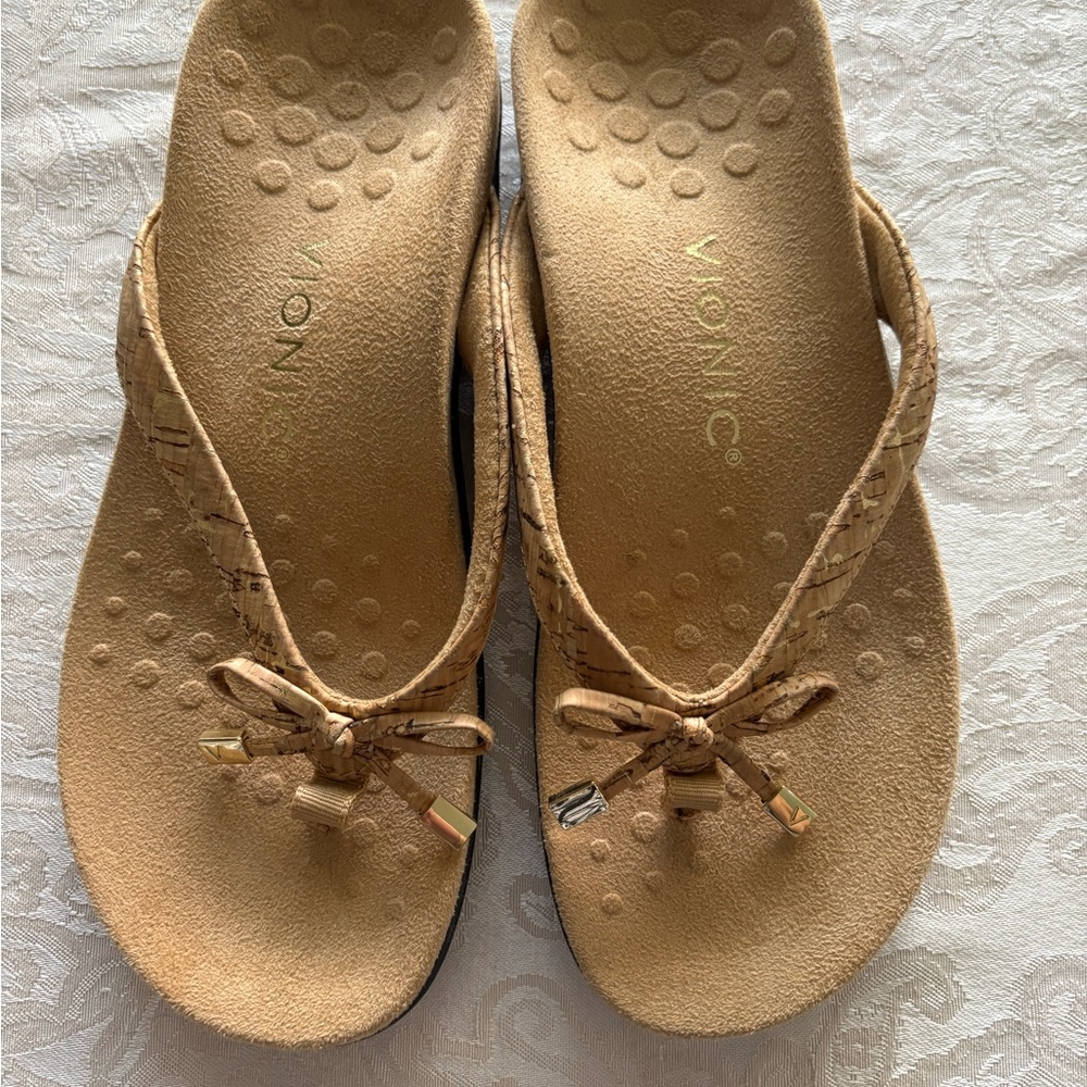 Vionic Gold Cork Sandals with Bow Detail “Bella”